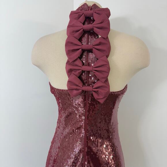 Rebecca Vallance Zelda Bow-Detailed Sequined Midi Dress Red US 4 - Picture 7 of 13